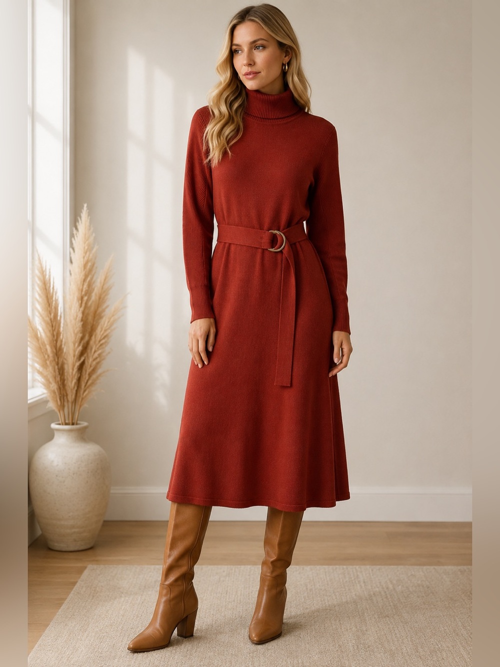 Maia L Rust Turtleneck Midi Sweater Dress Officewear Old Money Casual Chic Fall